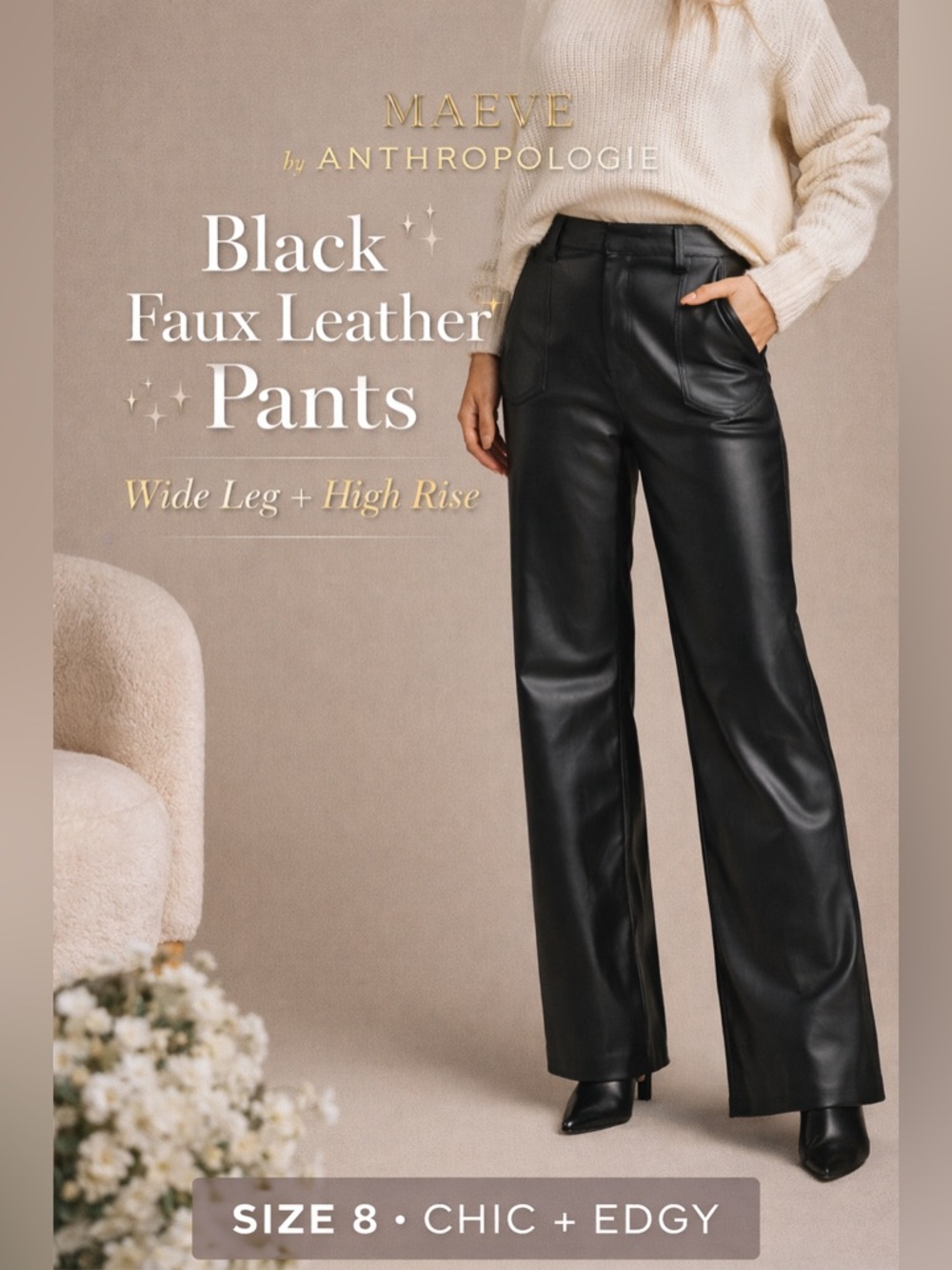 Maeve Anthropologie Black Faux Leather Wide Leg Pants High Rise Size 8